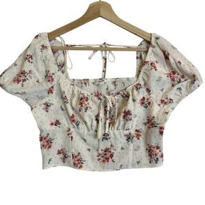 Cottage Core Crop Top Women LG Floral Tie Smock Milk Maid Feminine Prairie‎ Mine